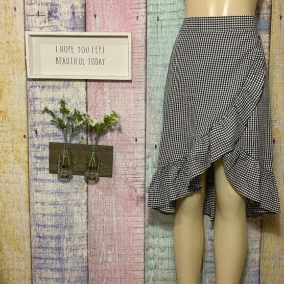 HIGH Dresses & Skirts - Ruffle Wrap Midi in Black White Gingham Plaid High Low Mid Rise Modest Skirt